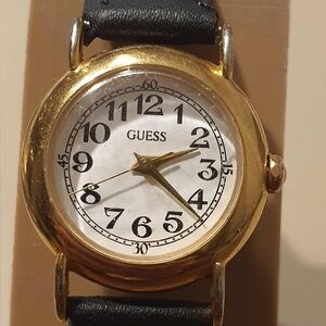 GUESS Women's Gold Case Black Leather Strap Watch - White Dial